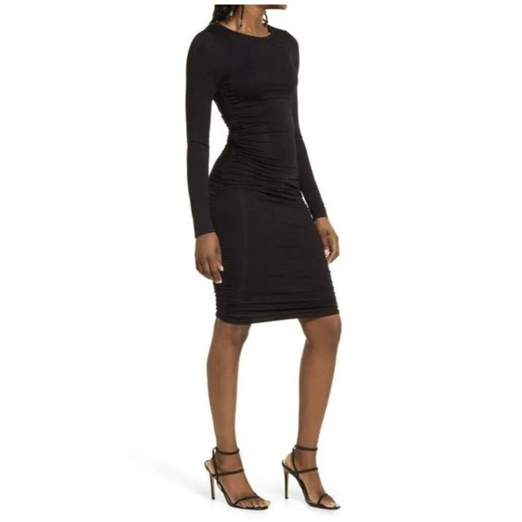 GOOD American Dress Size 3 Large Black Midi Slinky Ruched Jersey Long Sleeve T - Picture 2 of 13